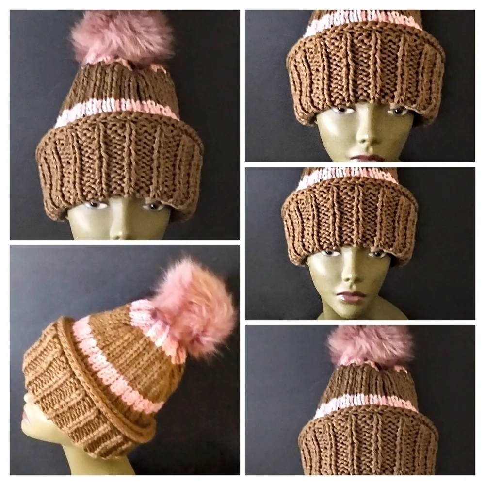 Versatile, Authentic Hand Knitted Beanies Accented With Faux Fur PomPom.
